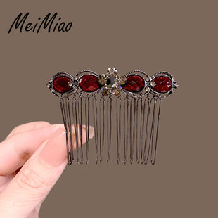 韩系简约红色芙蓉石水钻花朵发梳发夹女高级感刘海倒插梳发卡发饰