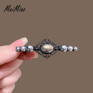 复古宫廷风珍珠侧边发夹弹簧夹子高级感后脑勺半扎一字夹顶夹发卡