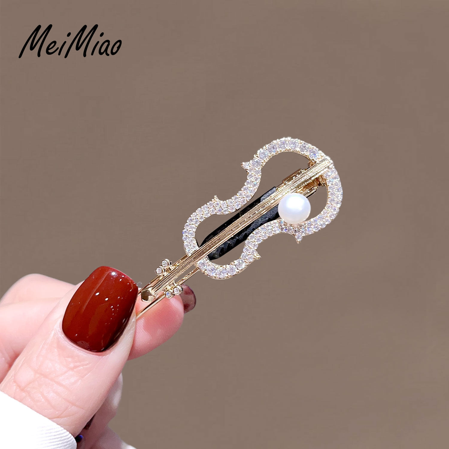 精致水钻珍珠小提琴发夹女侧边刘海夹子高级感碎发卡青蛙扣一字夹