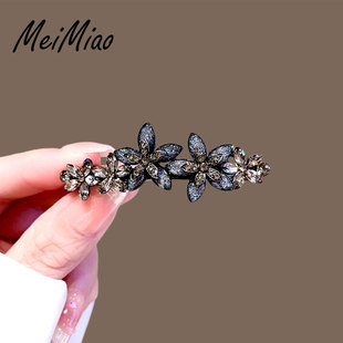 精致黑色水晶花朵发夹女气质后脑勺半扎发一字弹簧夹侧边顶夹发卡