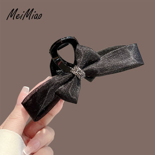 超仙网纱蝴蝶结发夹高级感黑色精致水钻抓夹2024年新款 鲨鱼夹发卡