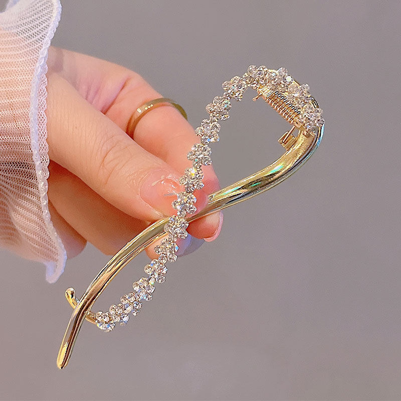 闪钻小花朵后脑勺扭扭夹女大号弧形一字夹子青蛙扣盘发卡夏季头饰