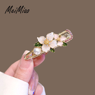 森系精致水晶花朵珍珠发夹女侧边刘海鸭嘴夹发卡高端发饰2025新款