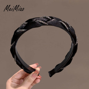 韩国发饰高级水钻麻花布艺发箍带齿秋冬头箍高颅顶黑色发卡压发捆