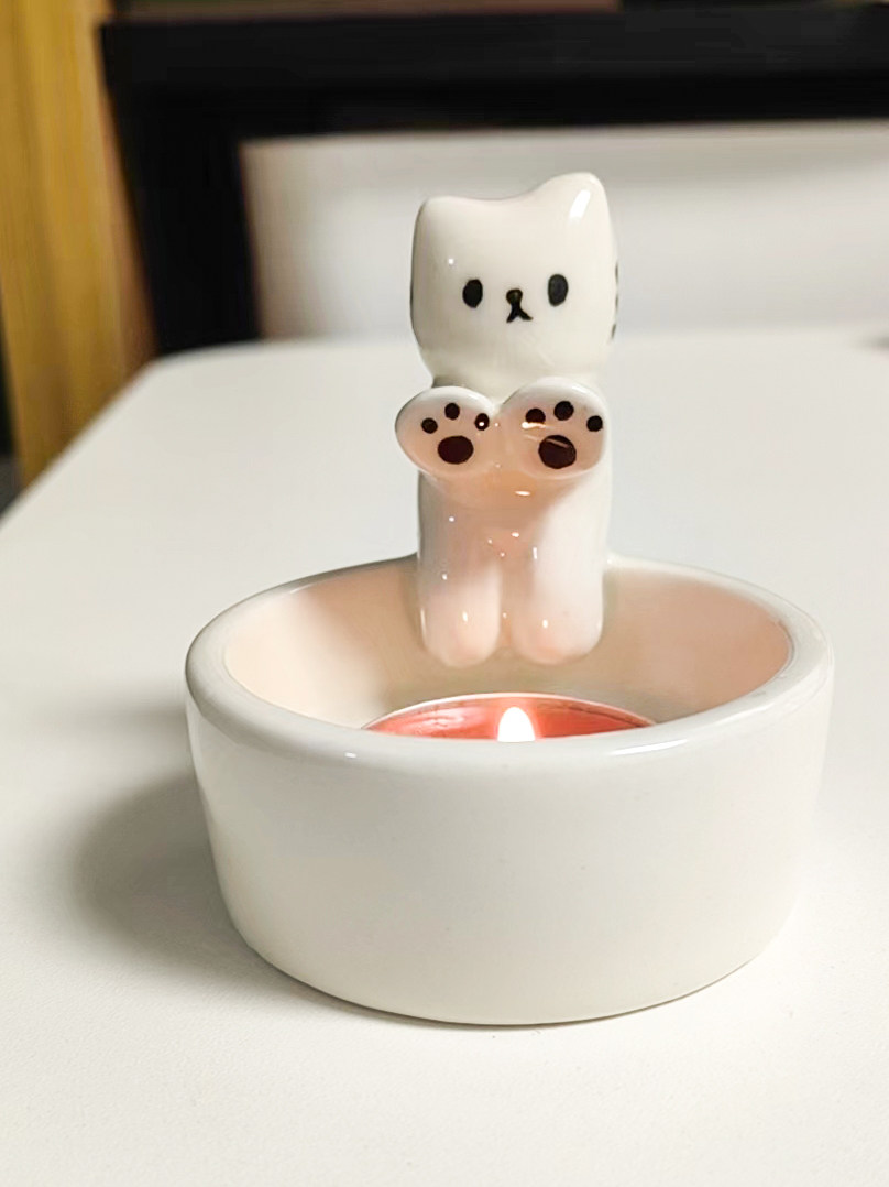 石塑粘土 diy香薰蜡烛台小猫烤手 手工黏土家用装饰摆件