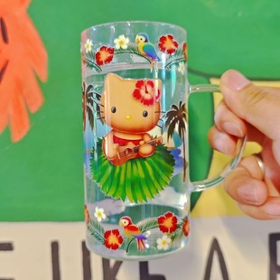 日本夏威夷高颜值复古中古Kitty猫透明可爱卡通甜品杯玻璃杯子