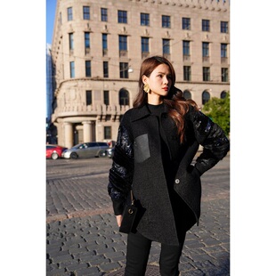 【IZUO颐着】意大利进口面料黑色大衣拼黑貂水貂进口蕾丝外套时髦