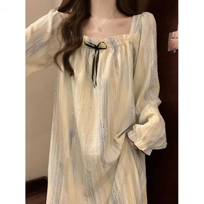 长袖睡裙女春秋季带胸垫纯棉睡衣女夏天2024新款棉纱可外穿家居服