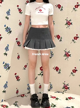 Trends Area 定制 sst 学院风软妹花边短款灰色双层百褶A字半身裙
