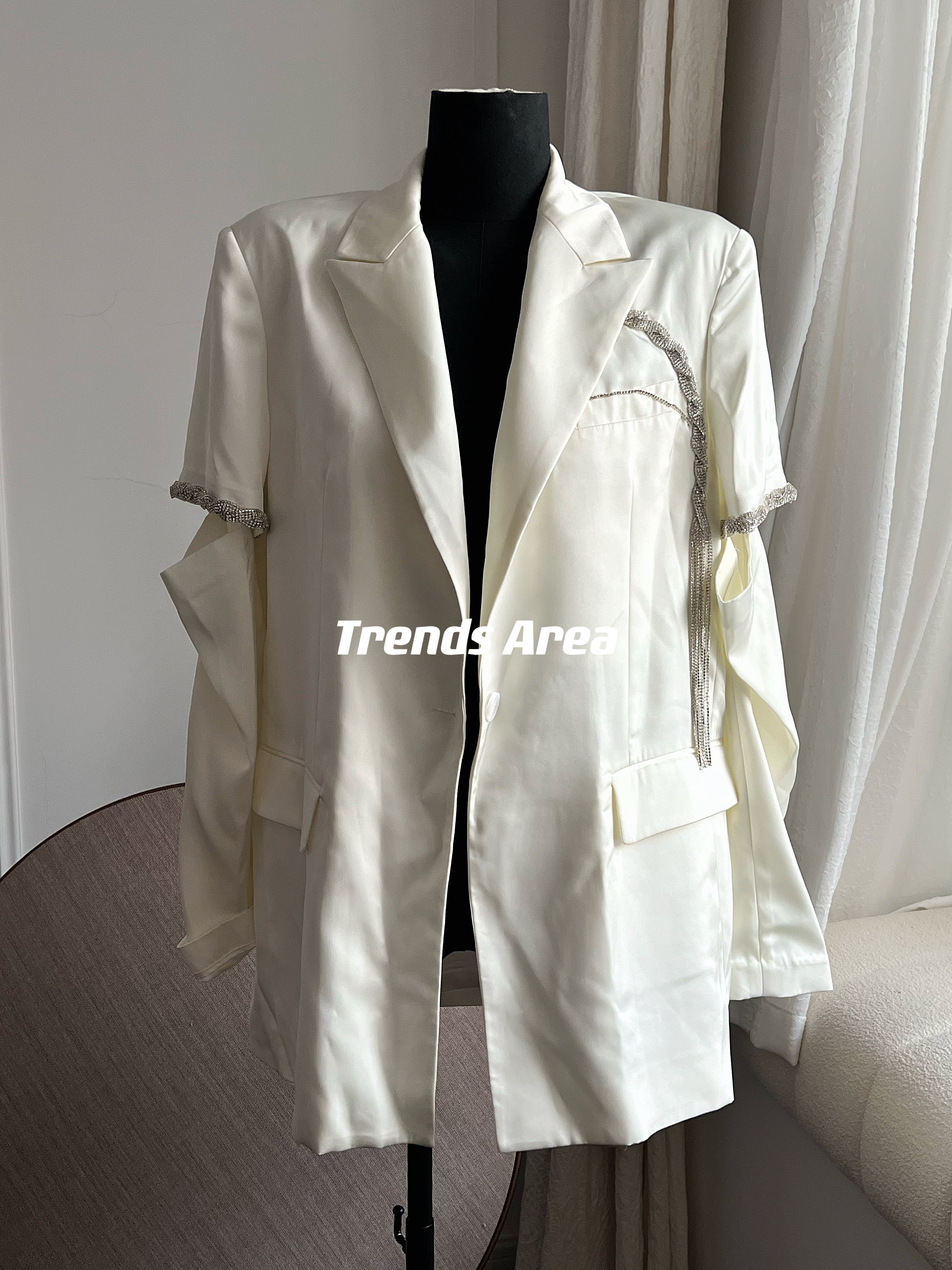 Trends Area 定制 Hiigh小众设计 断袖水钻链条装饰缎面西装外套