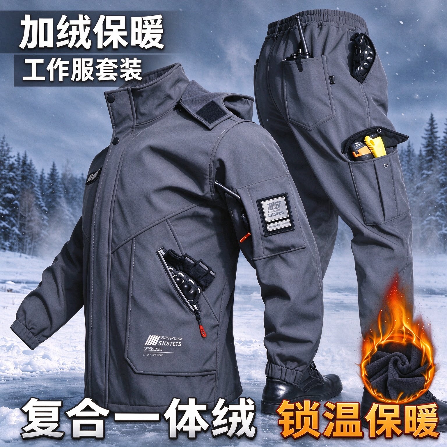 秋冬款加绒保暖冲锋衣工作服套装