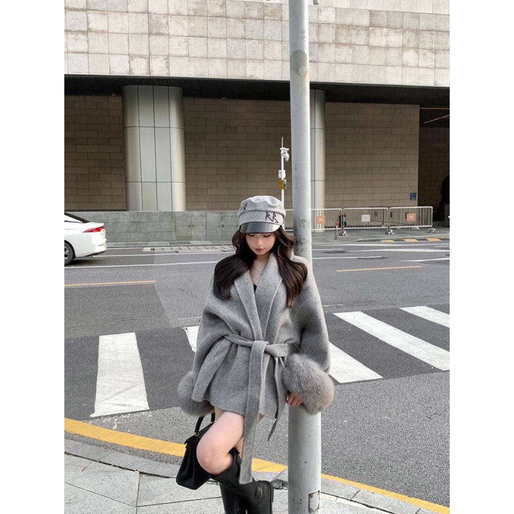 外贸款毛毛袖外套收腰秋季系带毛呢外套短款高级感宽松大衣女灰色