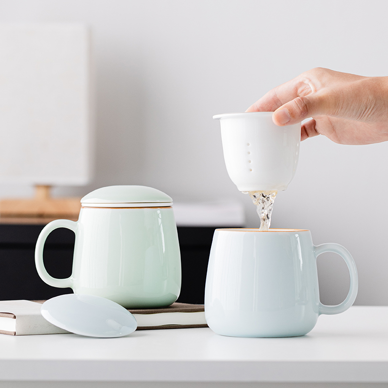 陶瓷马克杯茶水分离泡茶杯带盖子带过滤简约水杯子个人专用办公茶