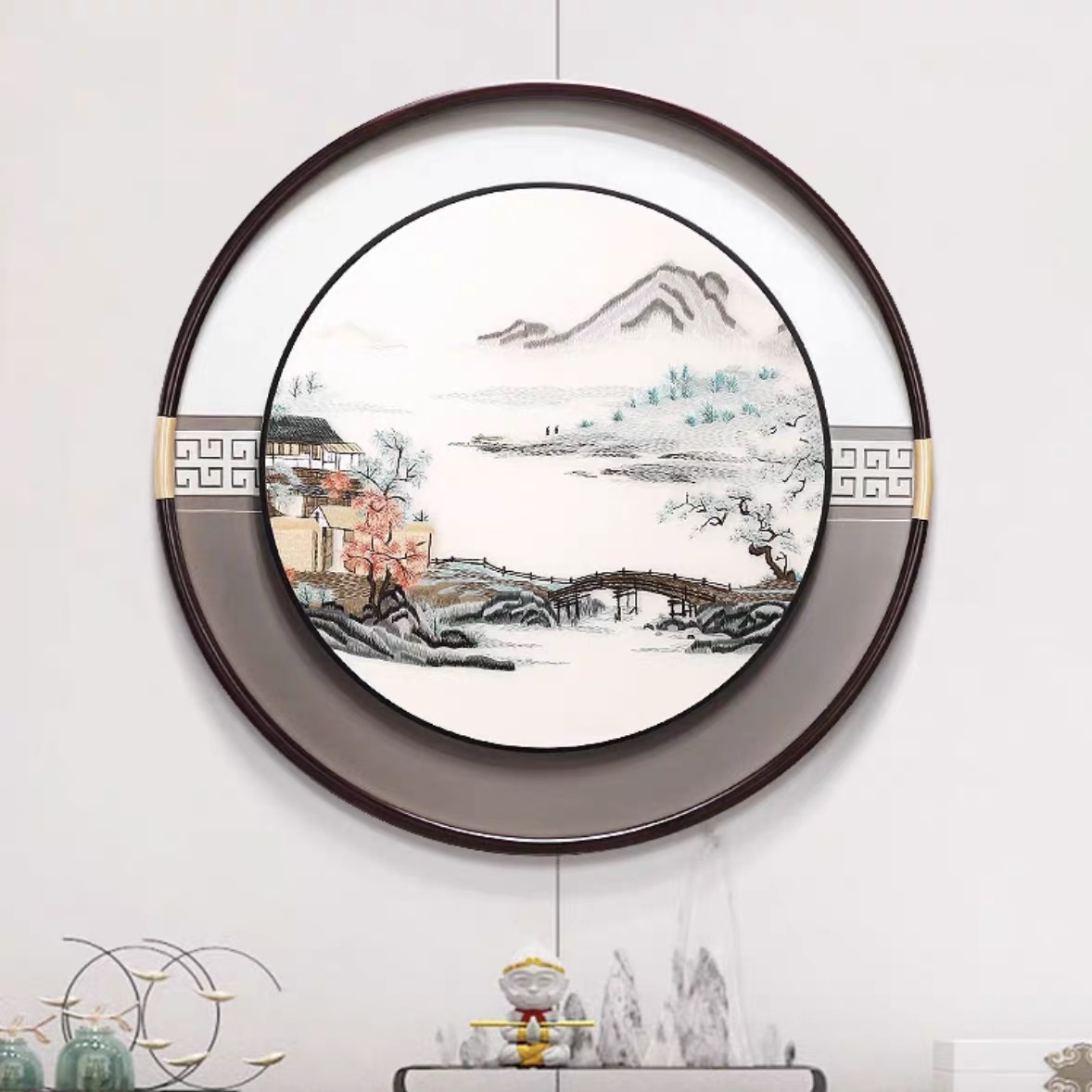 新中式圆形装饰画入户玄关山水刺绣画客厅餐厅背景墙挂画走廊过道图片