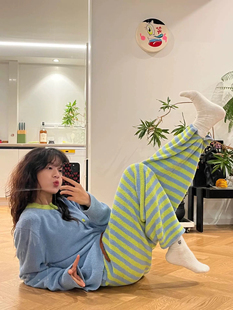 韩版高级条纹半边绒睡衣女秋冬款加绒加厚软绵绵珊瑚绒家居服套装