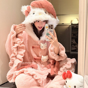 魔法帽斗篷睡袍女款秋冬季珊瑚绒加绒加厚睡衣kitty猫浴袍家居服