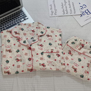 圣诞腊肠狗睡衣女春秋季纯棉纱布长袖套装可爱卡通少女ins家居服