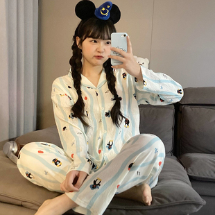 卡通条纹企鹅睡衣女春秋季2025新款长袖可爱学生云朵棉家居服套装