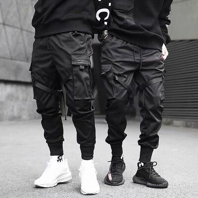 Men Block Black Pocket Cargo Pants Joggers Sweatpant Hip Hop