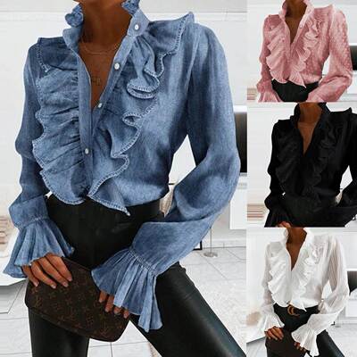 Ruffled Pleated Long Sleeve Shirt 通勤纯色荷叶边压褶长袖衬衫