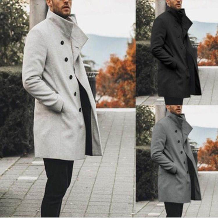 欧美秋冬新款外贸男士中长版立领毛呢风衣外套Trench coat men。
