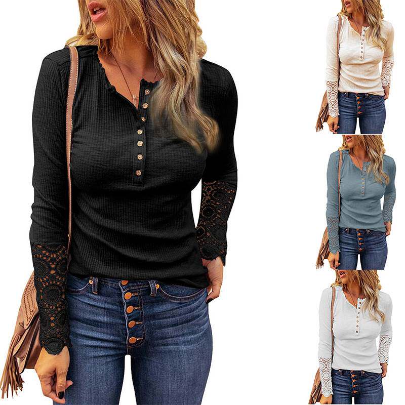 Women's Round Neck Stitching Lace Sleeve Loose Solid Col