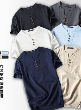 Summer T Shirts Men Short Sleeve Cotton Linen T-Shirt 5XL