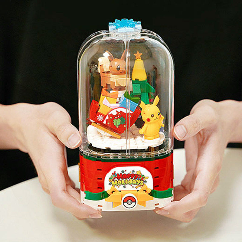 宝可梦音乐盒积木益智拼装皮卡丘旋转耶诞八音盒耶诞礼物玩具儿童