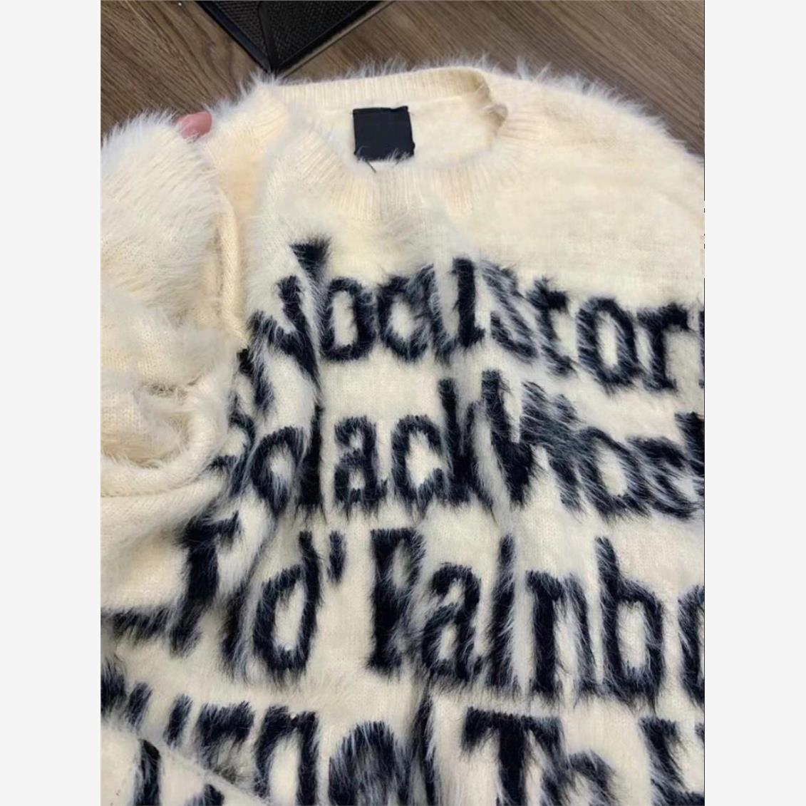 美式字母提花圆领海马毛情侣毛衣女秋冬小众水貂毛针织打底衫上衣