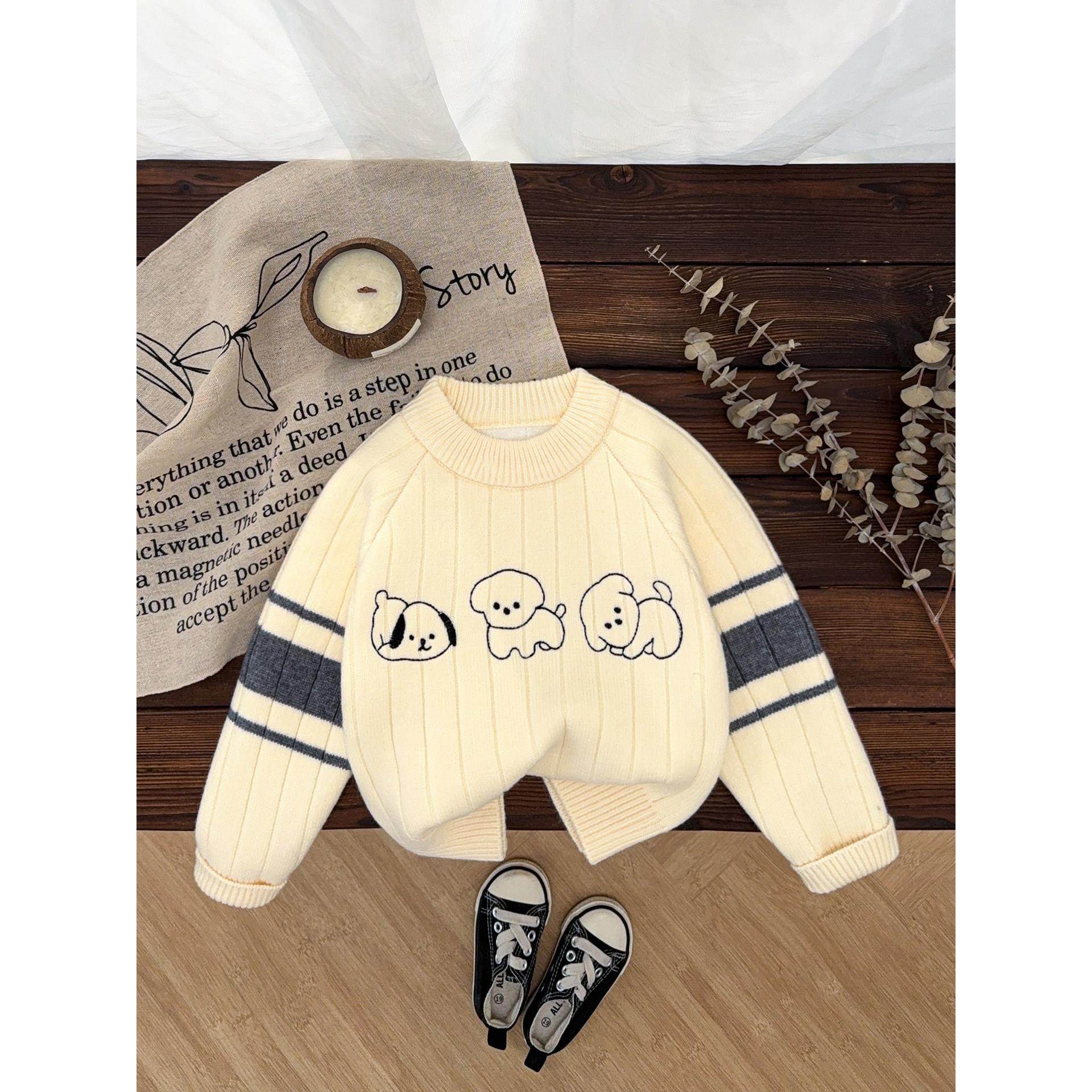 加绒毛衣男童一体绒宝宝羊绒衫加厚儿童针织打底衫白色冬2025新款