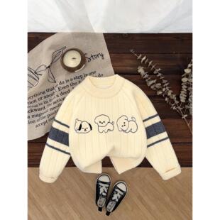 加绒毛衣男童一体绒宝宝羊绒衫加厚儿童针织打底衫白色冬2025新款