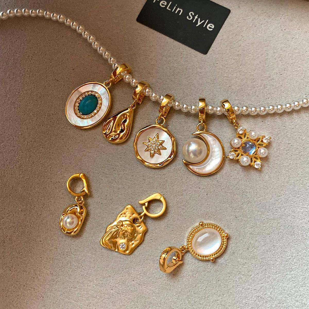 可卸天然川母绿松石水贝饰淡珍珠项炼色 炼 吊坠拆万能扣品母贝配