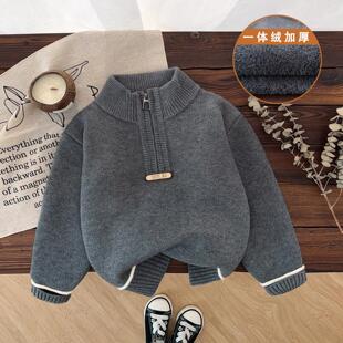 儿童毛衣男童冬加绒宝宝羊绒衫半高领打底衫拉链一体绒男孩内搭厚