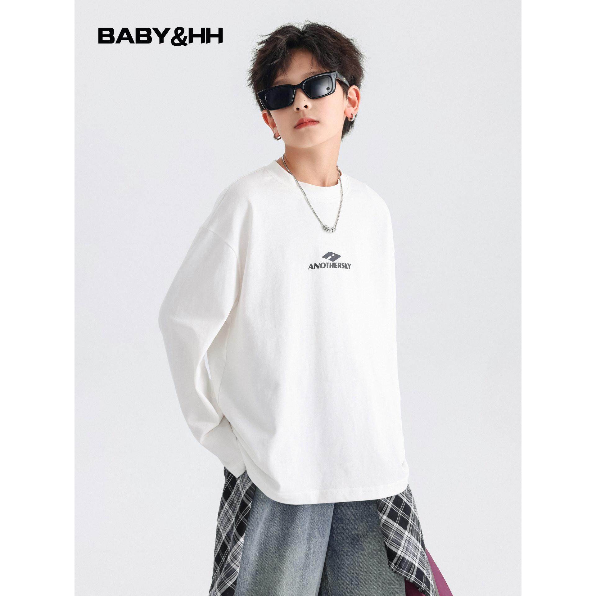 男童秋装纯棉运动长袖白t恤2025新款青少年儿童宽松打底薄款上衣