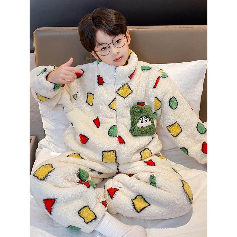 男童睡衣2025新款珊瑚绒加绒加厚法兰绒儿童青少年拉炼蜡笔小套装