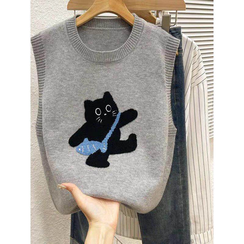 儿童毛衣马甲2025春秋款男女童卡通小猫针织背心秋装男童打底衫潮