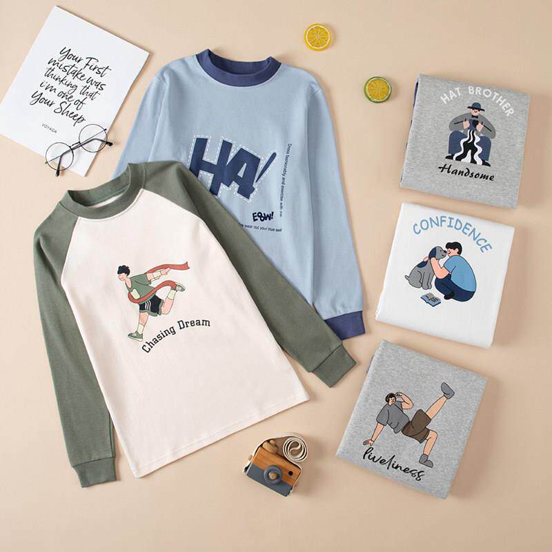 青少年100%纯棉打底棉毛衫上衣中大男童全棉中领秋衣男孩保暖内衣