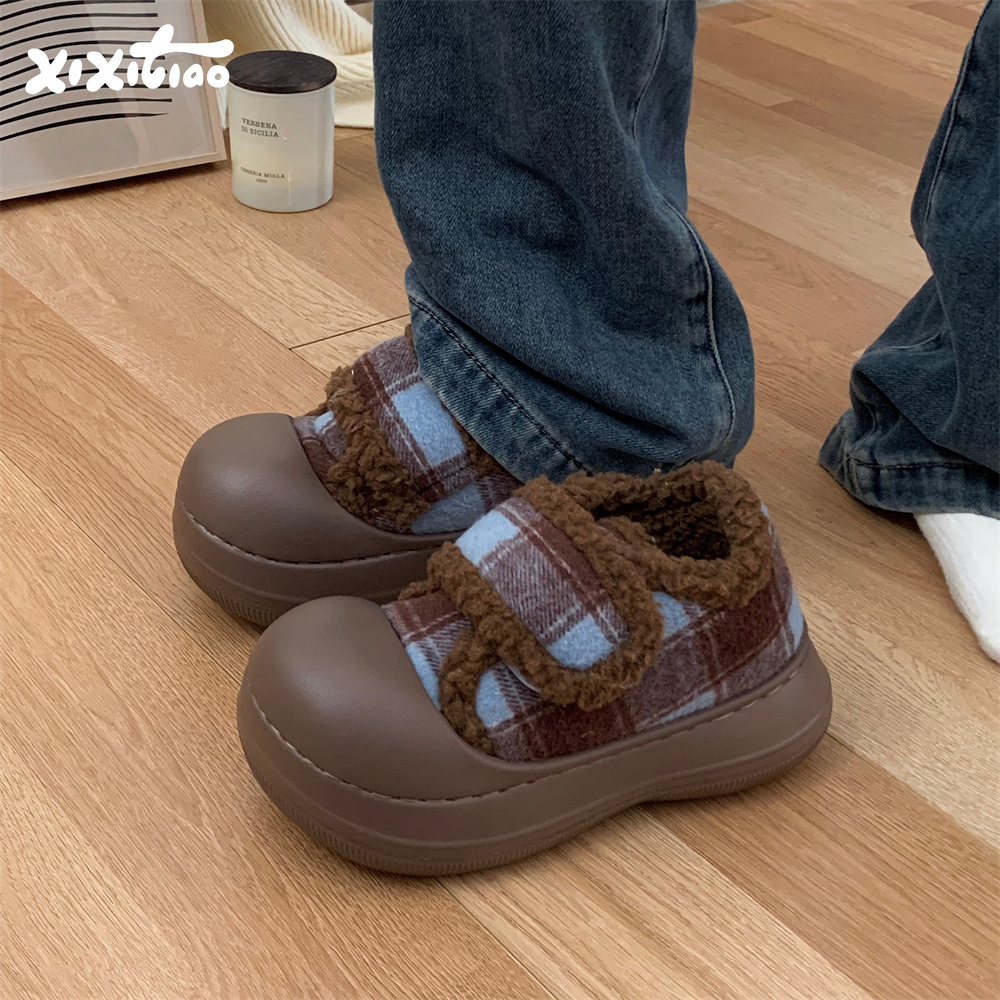 细细条面包鞋棉鞋魔术贴撞色格子