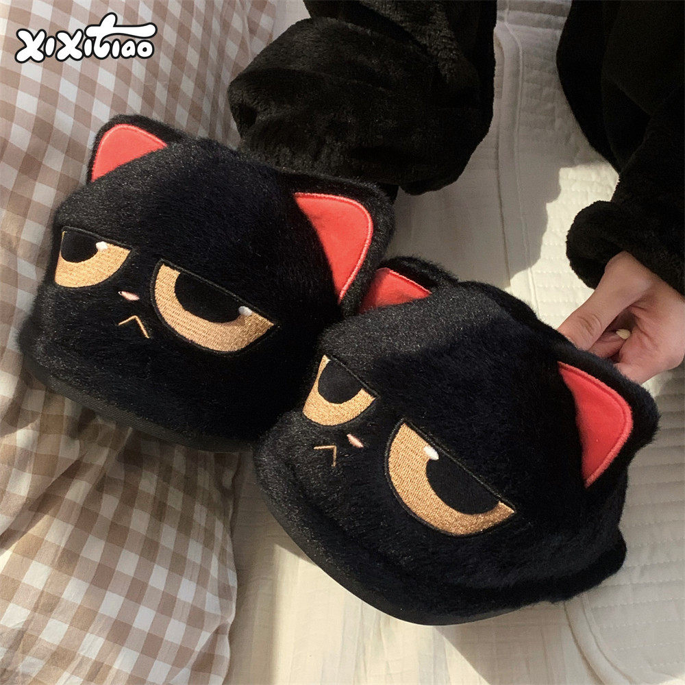 细细条个性卡通情侣包头毛毛鞋秋冬季生气小黑猫居家棉拖鞋男女,居家布艺,居家棉拖/棉鞋,淘宝优惠券,粉丝福利购,淘宝优惠卷
