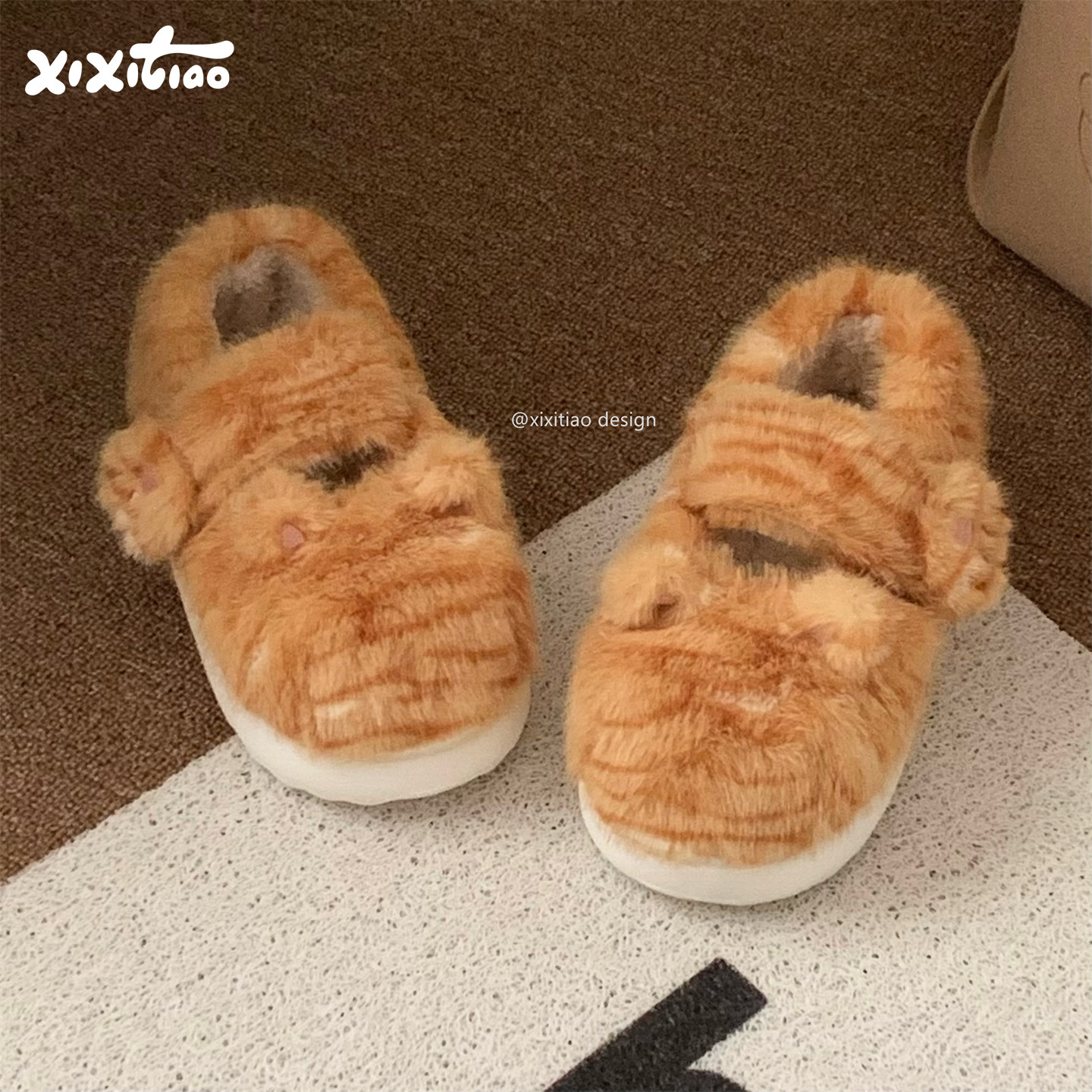 细细条 女冬厚底防滑软萌猫耳豆豆鞋魔术贴毛毛鞋可爱橘猫纹棉鞋,居家布艺,居家棉拖/棉鞋,淘宝优惠券,粉丝福利购,淘宝优惠卷