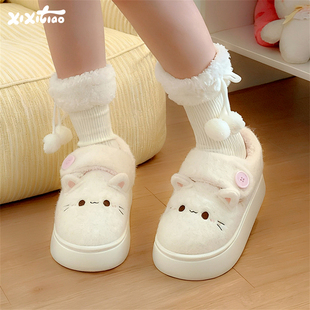 细细条 厚底学生加绒乐福棉鞋软萌小猫防滑保暖女冬ins户外面包鞋