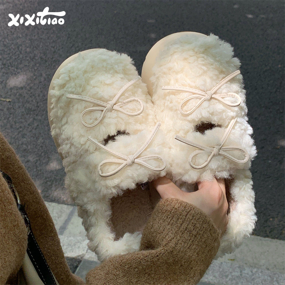 细细条冬季外穿仙女风百搭休闲毛绒棉鞋女网红蝴蝶结亲子豆豆鞋,居家布艺,居家棉拖/棉鞋,淘宝优惠券,粉丝福利购,淘宝优惠卷