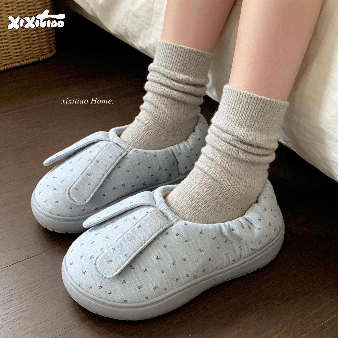 细细条 小众碎花布艺女秋冬包跟棉拖鞋可爱兔耳朵防滑轻便月子鞋