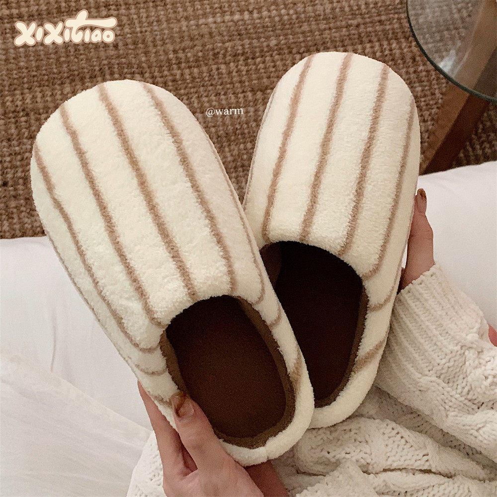 细细条 秋冬男女防滑毛毛拖鞋新款情侣创意条纹撞色时尚百搭棉鞋,居家布艺,居家棉拖/棉鞋,淘宝优惠券,粉丝福利购,淘宝优惠卷