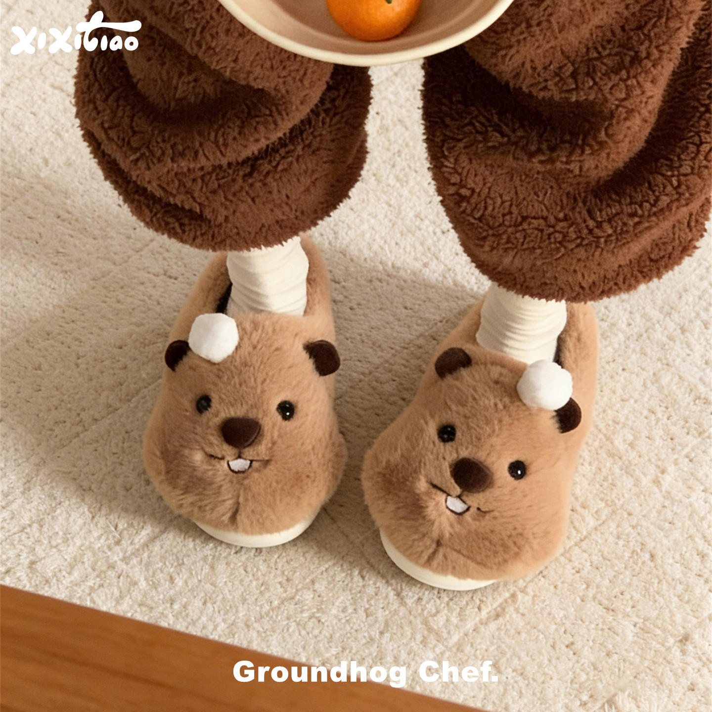 细细条厨师帽土拨鼠棉拖鞋男女