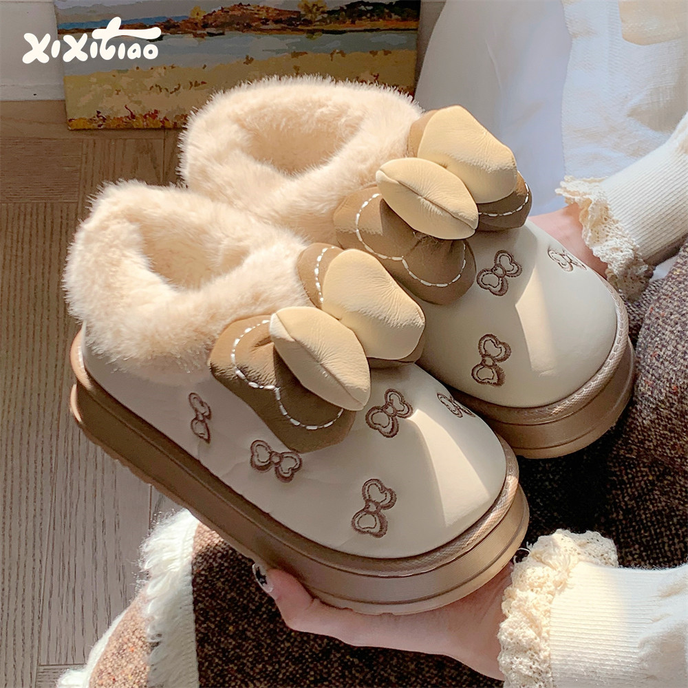 细细条防水pu皮雪地靴女高级感蝴蝶结2025冬季新款外穿短筒棉靴,女鞋,时尚雪地靴,淘宝优惠券,粉丝福利购,淘宝优惠卷