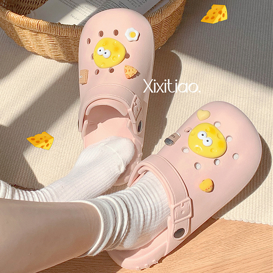 细细条可爱芝士奶酪饼干亲子洞洞鞋男女夏季户外穿防滑eva凉拖鞋