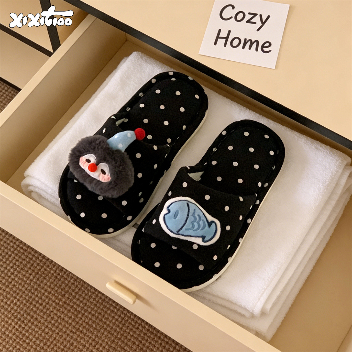 细细条 ins风波点棉布拖鞋可爱企鹅小鱼四季学生宿舍吸汗地板鞋女