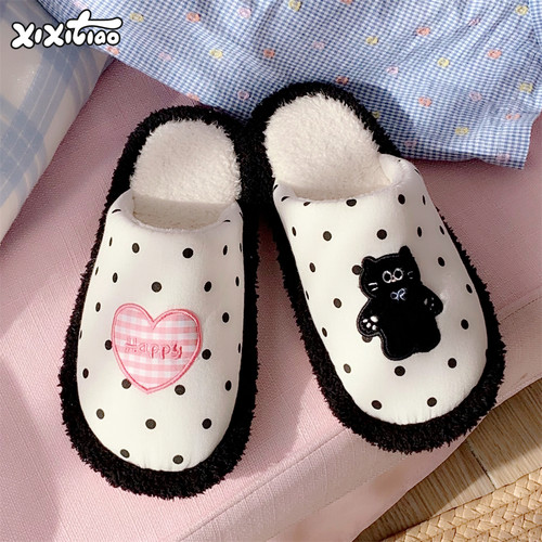 波点小猫棉拖鞋冬居家卡通月子鞋