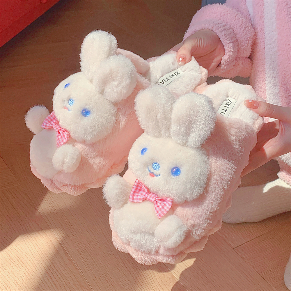细细条可爱小兔子保暖包头月子鞋男女冬软底防滑毛绒棉拖鞋情侣
